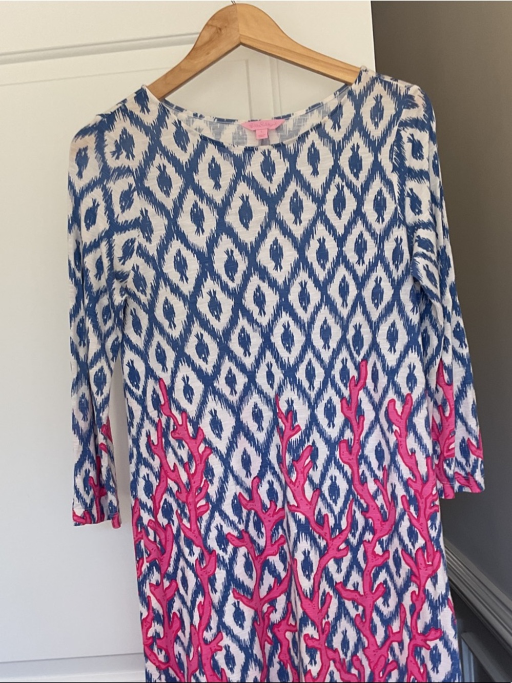 Lilly Pulitzer Blue and Pink Ikat Coral-Print Long Sleeve Dress